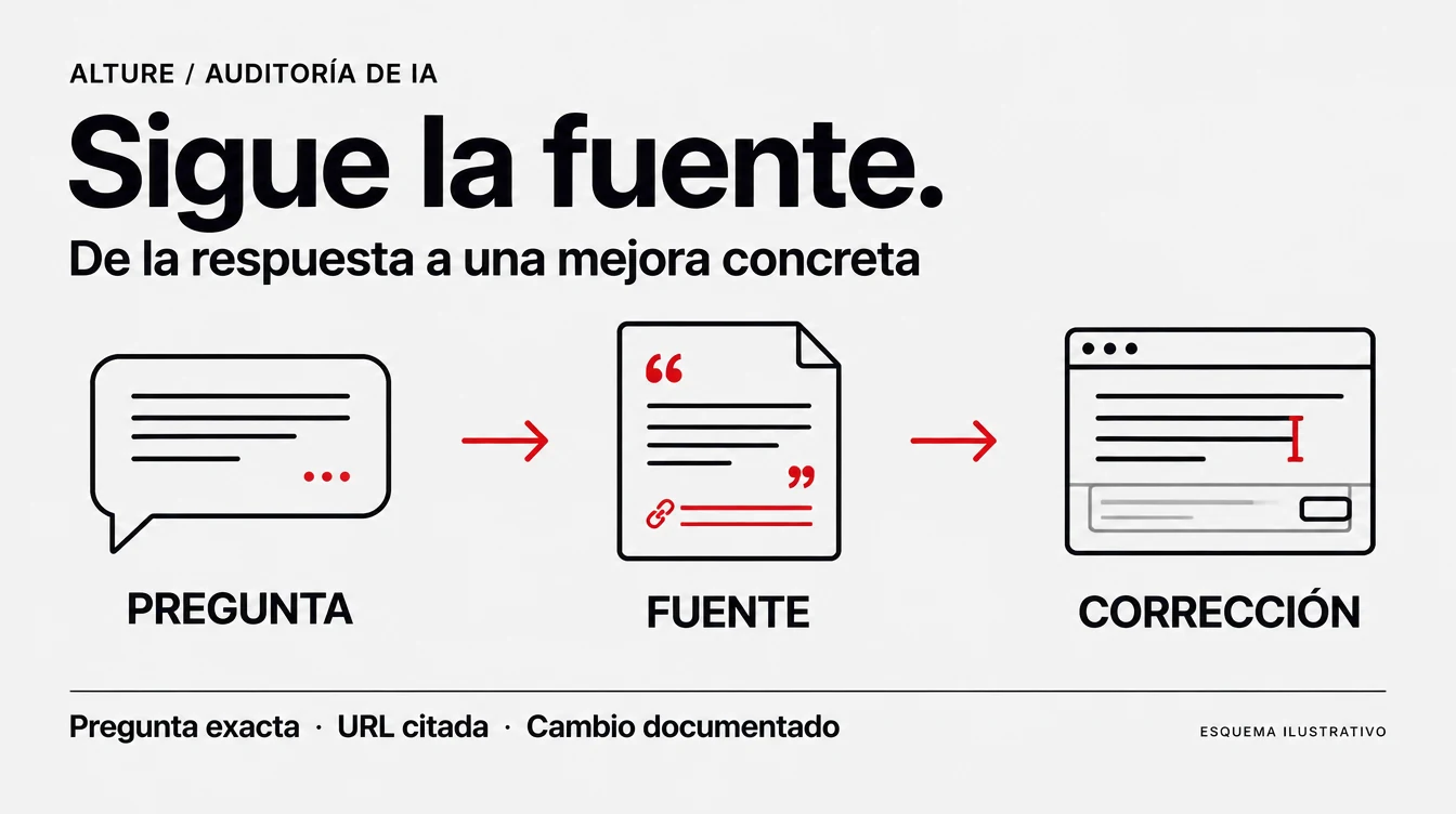 Esquema ilustrativo de una auditoría de IA: pregunta exacta, fuente citada y corrección documentada