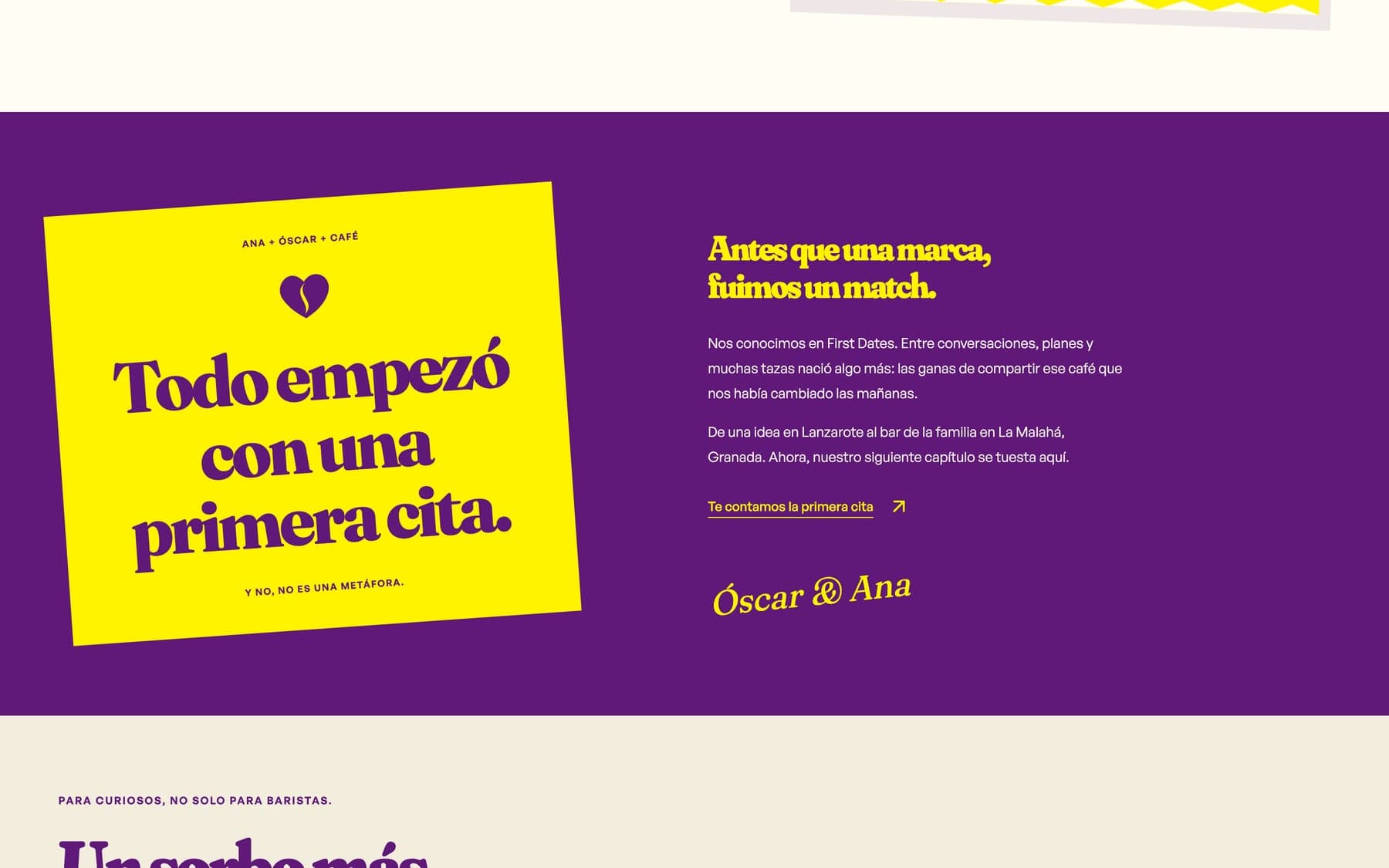 Sección de la historia en thefirstcoffee.es: «Todo empezó con una primera cita», con la firma de Óscar y Ana sobre fondo morado
