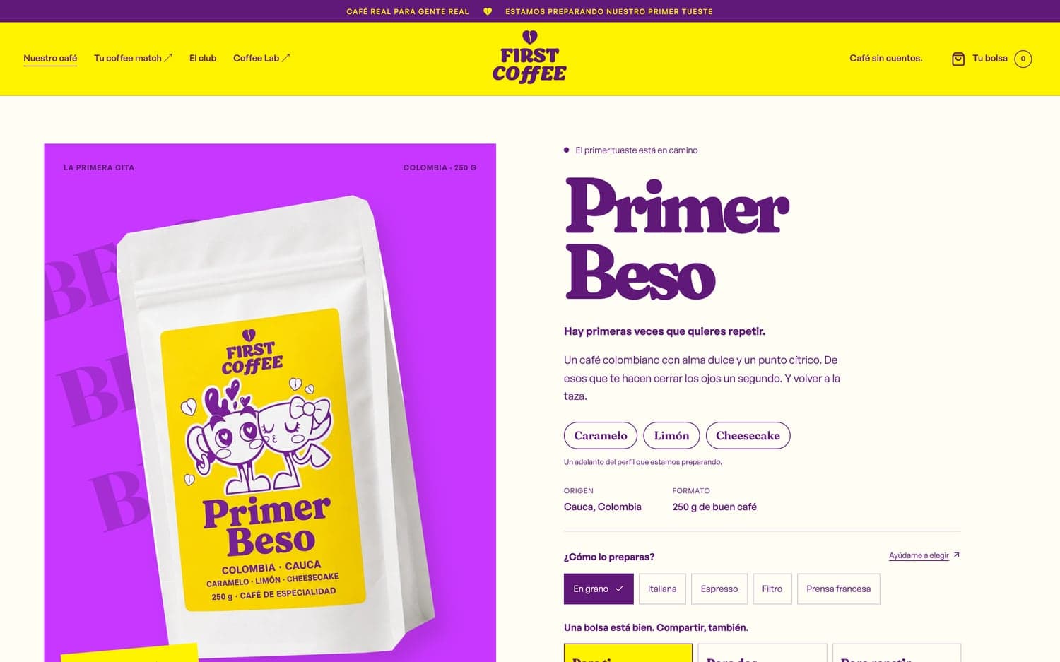 Ficha de Primer Beso en thefirstcoffee.es: café de Cauca, Colombia, con notas de caramelo, limón y cheesecake y selector de molienda