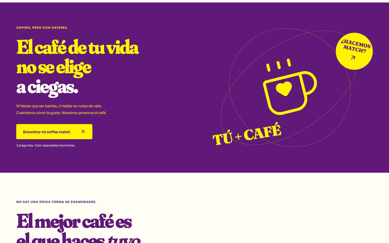 Bloque del coffee match sobre fondo morado: «El café de tu vida no se elige a ciegas»