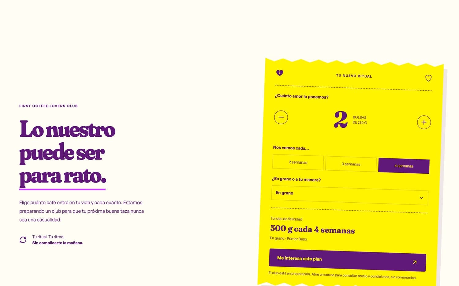 Configurador del club de suscripción de First Coffee: bolsas, frecuencia y molienda