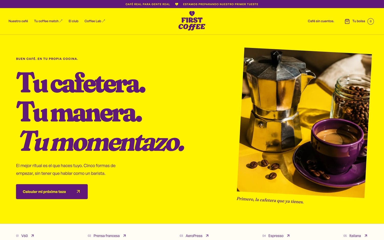 Página de métodos de preparación: «Tu cafetera. Tu manera. Tu momentazo.»