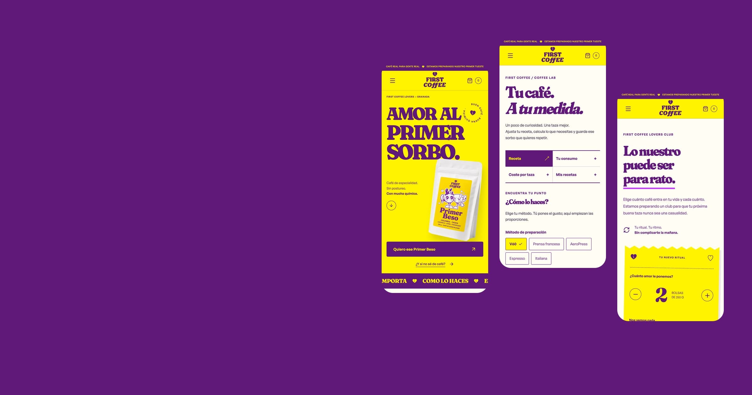 Tres pantallas móviles de thefirstcoffee.es sobre el morado de la marca: la portada «Amor al primer sorbo», el Coffee Lab y el club de suscripción