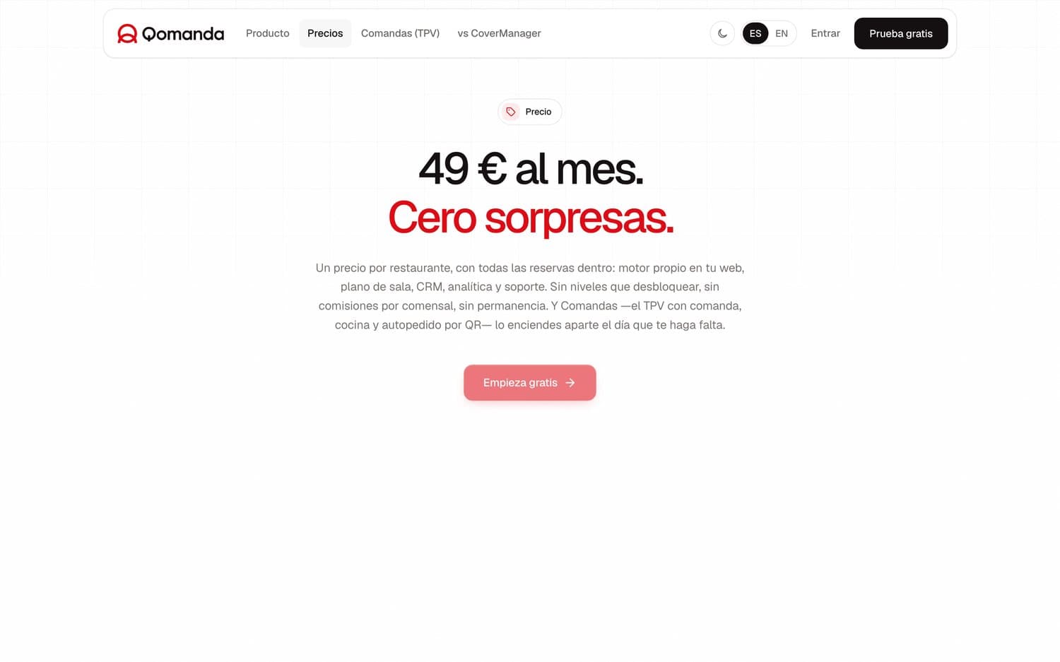 Página de precios de qomanda.es, con los 49 € al mes (IVA aparte) escritos a la vista bajo el titular «Cero sorpresas»