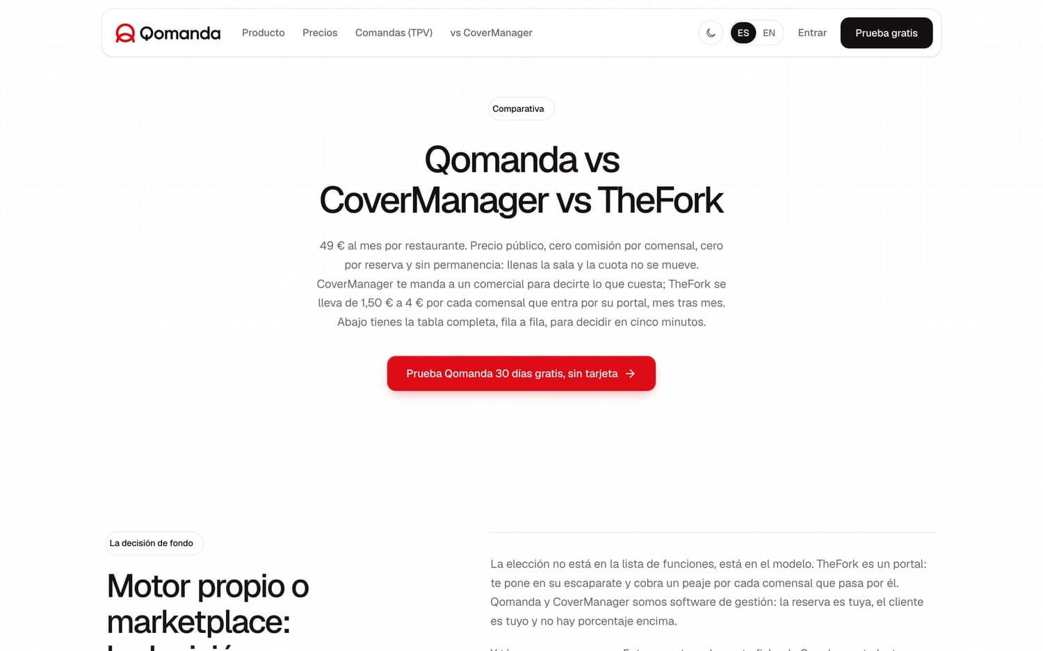 Página comparativa de qomanda.es, que enfrenta Qomanda, CoverManager y TheFork fila a fila