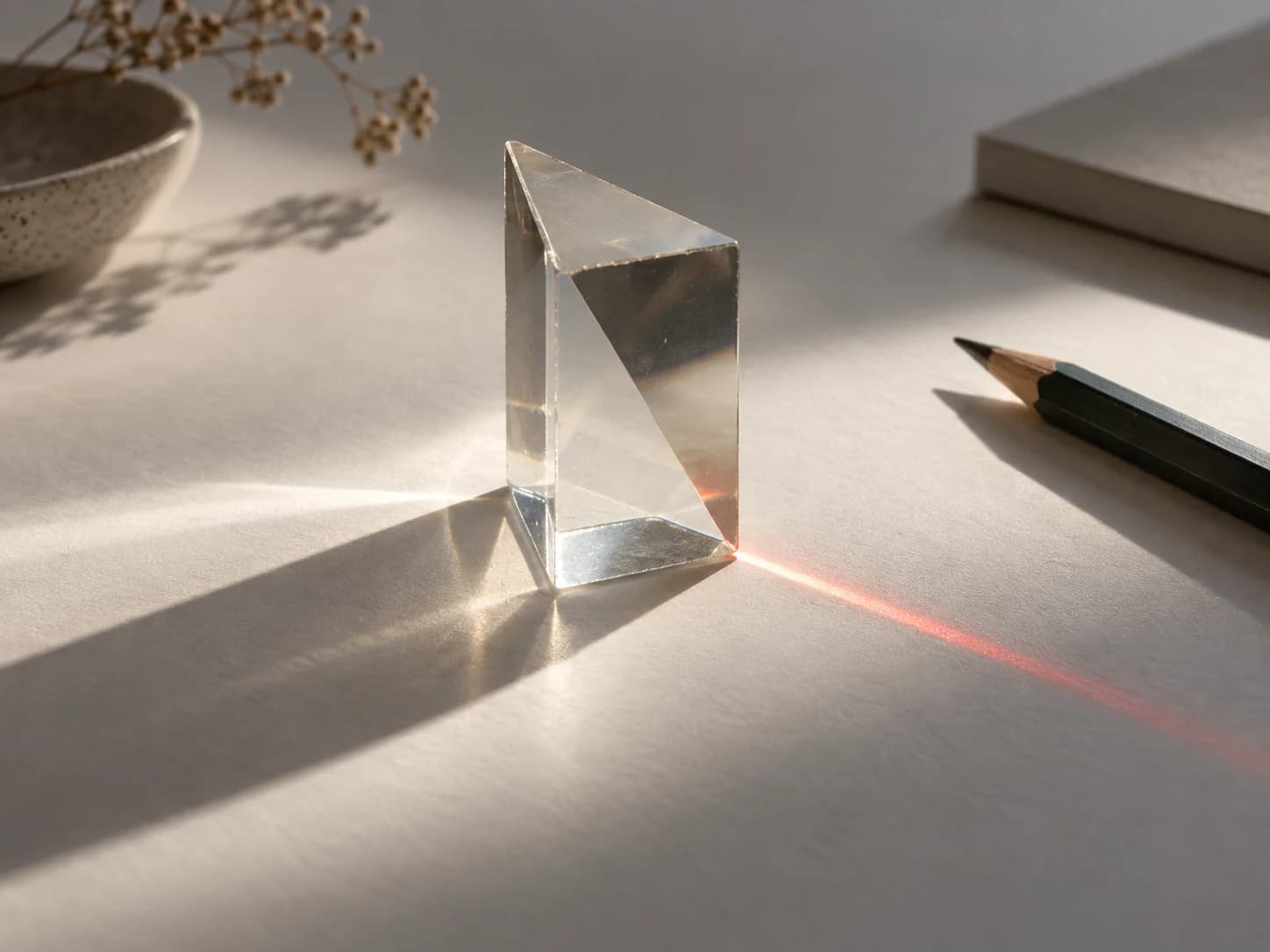 Prisma de cristal con un reflejo rojo sobre papel