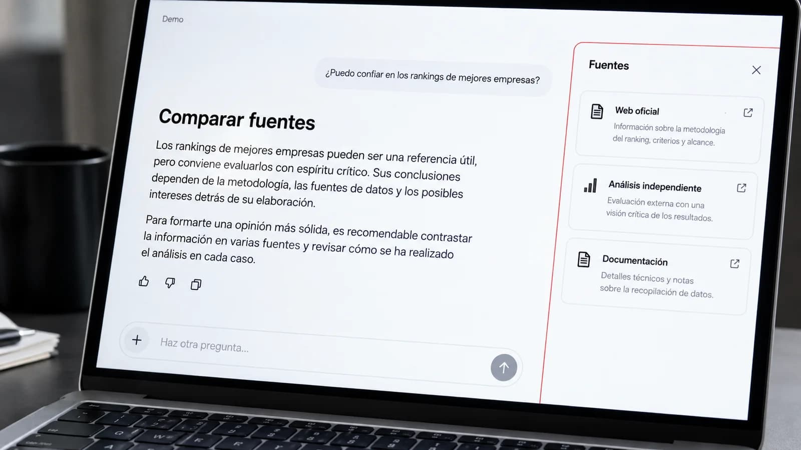 Demostración de una respuesta de IA que compara fuentes oficiales e independientes