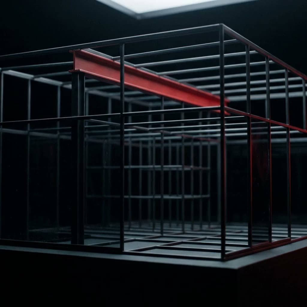 Maqueta de una estructura de acero negro con una viga roja recién colocada