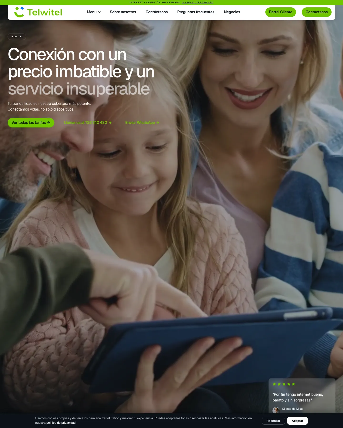 Portada de telwitel.com, la web de la operadora de telecomunicaciones Telwitel, de Mijas